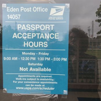 US Post Office - These are the hours the Post Office will take your enormous fee. Then you wait for eight weeks (but that's the Department of State). - Post Offices Near Me - Eden, New York US Post Office - These are the hours the Post Office will take your enormous fee. Then you wait for eight weeks (but that's the Department of State). - Post Offices Near Me - Eden, New York