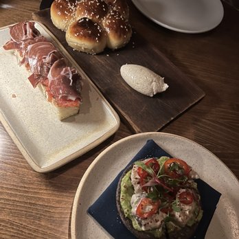 Verse - Various appetizers: Hokkaido milk buns, tiger prawns tostada, and iberian jamon pintxos - Seafood Near Me - Toluca Lake, California Verse - Various appetizers: Hokkaido milk buns, tiger prawns tostada, and iberian jamon pintxos - Seafood Near Me - Toluca Lake, California