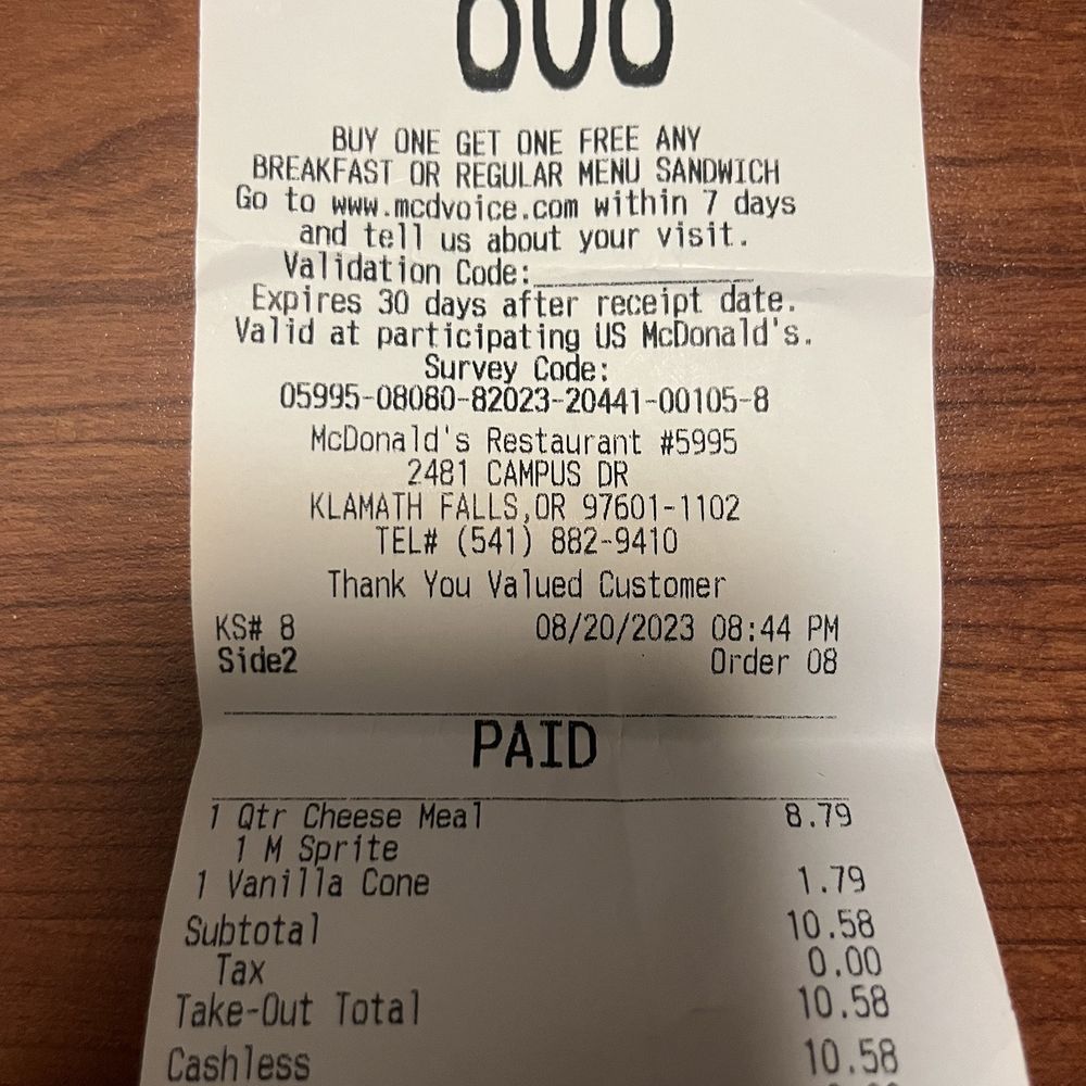 McDonald's - a receipt for a restaurant - Fast Food Near Me - Klamath Falls, Oregon McDonald's - a receipt for a restaurant - Fast Food Near Me - Klamath Falls, Oregon