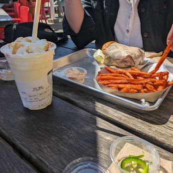 Gotts Roadside - Caramelized pineapple milkshake, green chili burger with veggie patty and sweet potato fries - Burgers Near Me - Napa, California Gotts Roadside - Caramelized pineapple milkshake, green chili burger with veggie patty and sweet potato fries - Burgers Near Me - Napa, California