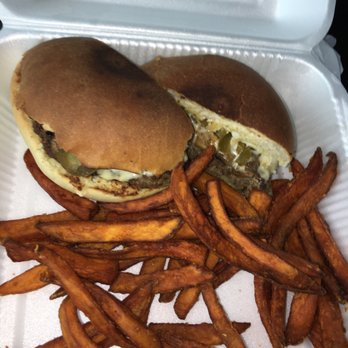 Trolley Stop Cafe - Swiss Mushroom burger with sweet potato fries..amazing - Burgers Near Me - Dallas, Texas