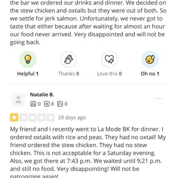 La'Mode BK - Bill App is wrong, added food returned, very confusing. Please fix all problems; trying to support MODE! - Asian Fusion Near Me - Brooklyn, New York La'Mode BK - Bill App is wrong, added food returned, very confusing. Please fix all problems; trying to support MODE! - Asian Fusion Near Me - Brooklyn, New York