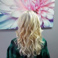 Hair West Designs - Haley with Blonde from root to ends and additional highlights. Blow out then large iron ribbon curls.
Kenra products used 'Hair by Yvette'