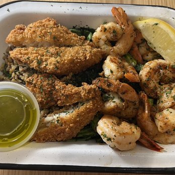 Brown Bag Seafood - Crispy Cod & Grilled Shrimp over grains & veggies - Salad Near Me - Atlanta, Georgia Brown Bag Seafood - Crispy Cod & Grilled Shrimp over grains & veggies - Salad Near Me - Atlanta, Georgia