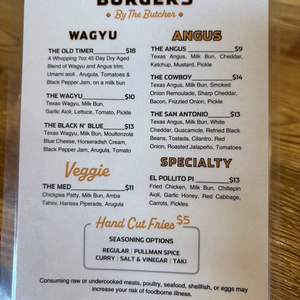 Pullman Market - Menu for Burgers by the Butcher stand - Grocery Near Me - San Antonio, Texas