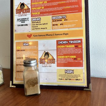Samosa Mama - a menu and a jar of seasoning - Indian Near Me - Fort Lauderdale, Florida