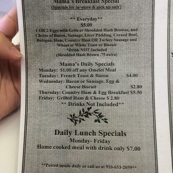 Mama's Restaurant - menu for breakfast special - Restaurants Near Me - Tabor City, North Carolina Mama's Restaurant - menu for breakfast special - Restaurants Near Me - Tabor City, North Carolina