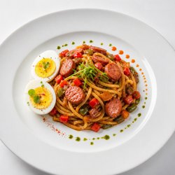 Danie’s Restaurant - Savory spaghetti tossed with flavorful sausage and protein-packed boiled eggs. A hearty, comforting, and delicious meal! Order yours today.