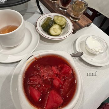 Russian Tea Time - Beet borscht, sour cream, & pickles - Russian Near Me - Chicago, Illinois