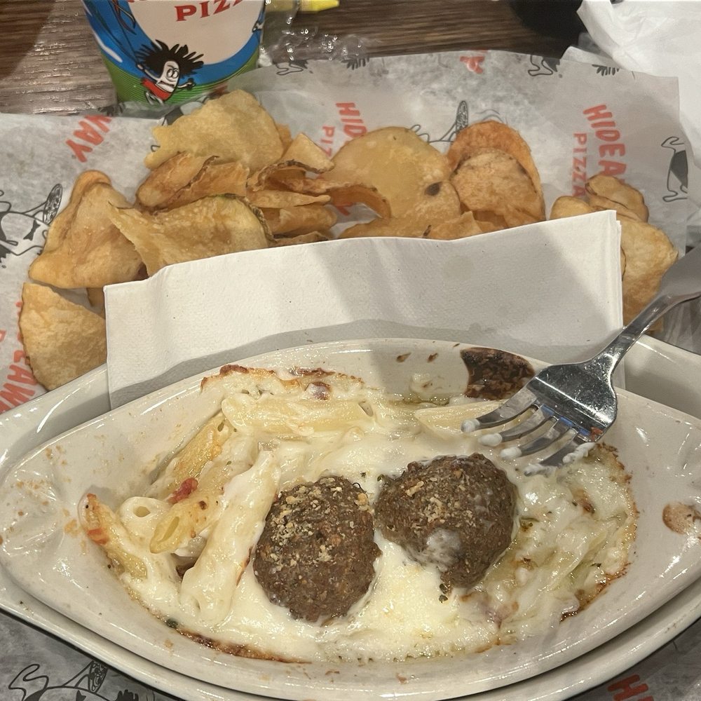 Hideaway Pizza - Kids pasta (Alfredo sauce) added meatballs with chips - Pizza Near Me - Plano, Texas Hideaway Pizza - Kids pasta (Alfredo sauce) added meatballs with chips - Pizza Near Me - Plano, Texas