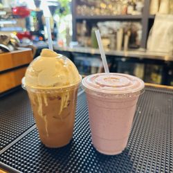 caf bar - Iced pumpkin latte with pumpkin cold foam and a Bees Knees smoothie with Whey Protein powder