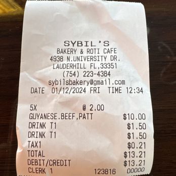 Sybil's Bakery & Roti Cafe - receipt - Indian Near Me - Lauderhill, Florida Sybil's Bakery & Roti Cafe - receipt - Indian Near Me - Lauderhill, Florida