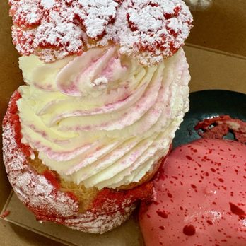 Mon Petit Choux - Strawberry cream puff, raspberry mousse cake (slid a little in the box on the car ride home haha). - Bakeries Near Me - Cheviot, Ohio