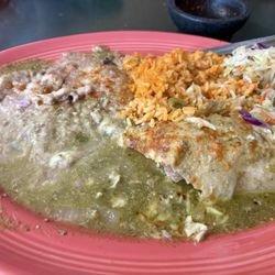 Everything drowning in green sauce.
