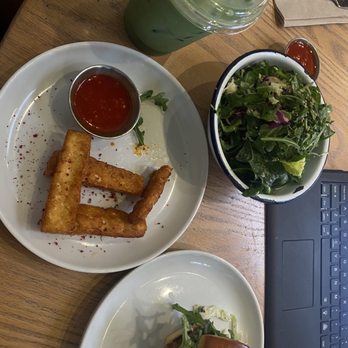 Highly Likely - Simple  Side Salad, lil chicks slider, iced matcha latte, fried halloumi sticks - Coffee & Tea Near Me - Los Angeles, California