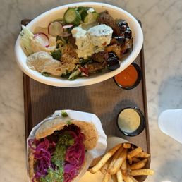 Pita sandwich, falafel salad, fries