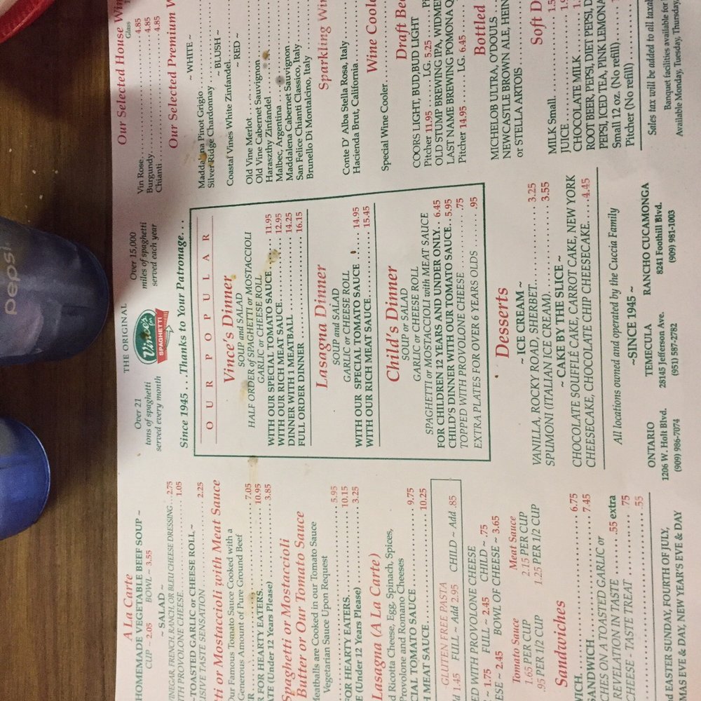 Vince's Spaghetti - Vince's menu. - Italian Near Me - Ontario, California Vince's Spaghetti - Vince's menu. - Italian Near Me - Ontario, California