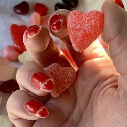 Organic Nails - Almond Valentine's Day Red Heart SNS with hand-painted detail by Ryan