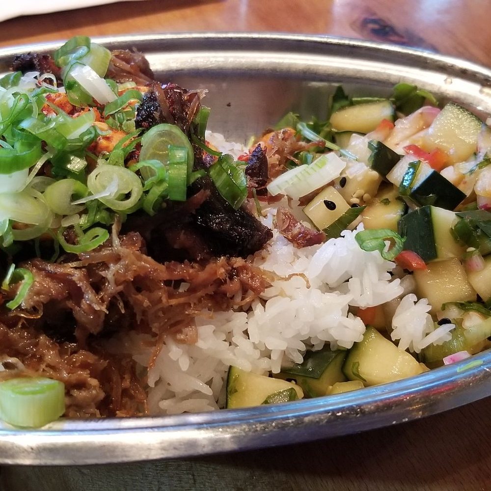 Spork - Shredded pork rice bowl with cucumber salad - Mexican Near Me - Bend, Oregon Spork - Shredded pork rice bowl with cucumber salad - Mexican Near Me - Bend, Oregon