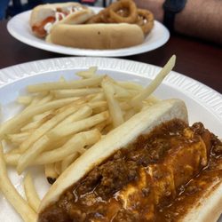 Coney Island Connection - Chili dog my way! Hot dog his way! Shoestring fires and Vidalia onion rings!