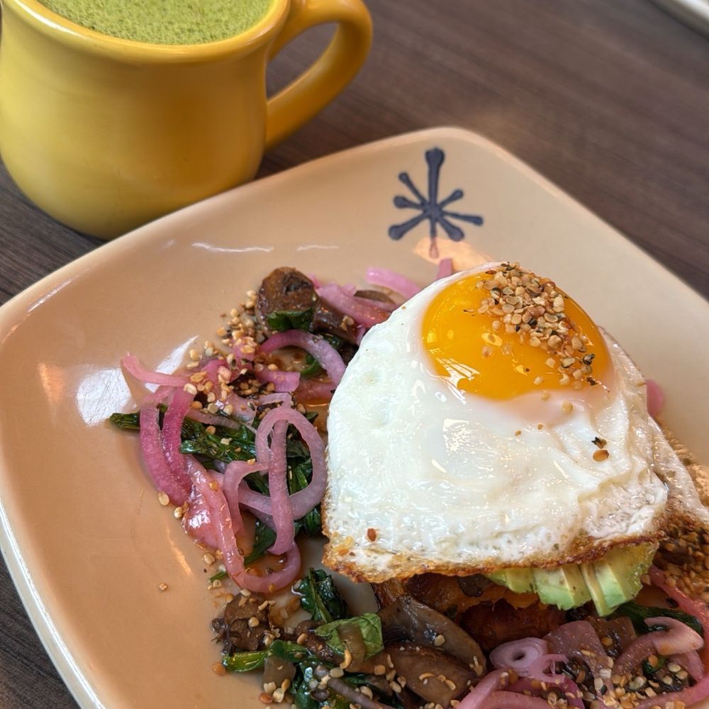 Snooze, an A.M. Eatery - Food: Sweet Potato Veggie Smash Up Drink: Vanilla Almond Matcha Tea Latte - Breakfast & Brunch Near Me - Alpharetta, Georgia Snooze, an A.M. Eatery - Food: Sweet Potato Veggie Smash Up Drink: Vanilla Almond Matcha Tea Latte - Breakfast & Brunch Near Me - Alpharetta, Georgia