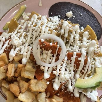 Cielito Cafe - Chilaquiles with red and green sauce, with potatoes - Breakfast & Brunch Near Me - Houston, Texas Cielito Cafe - Chilaquiles with red and green sauce, with potatoes - Breakfast & Brunch Near Me - Houston, Texas
