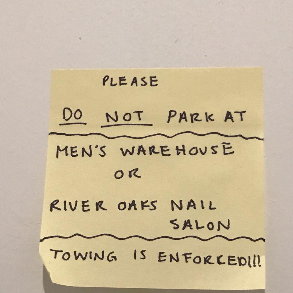 DEFINE body & mind - There's parking next to Define Studios. Anywhere else, you car will probably be towed. Sticky note placed in changing room. - Barre Classes Near Me - Houston, Texas