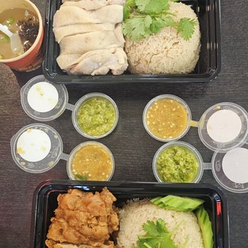 The Chicken Rice - Both crispy chicken bowl and Hainan chicken bowl with ginger scallion sauce and spicy soybean sauce. - Thai Near Me - Tustin, California The Chicken Rice - Both crispy chicken bowl and Hainan chicken bowl with ginger scallion sauce and spicy soybean sauce. - Thai Near Me - Tustin, California