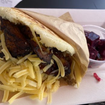 Amara Chocolate & Coffee - Pork Arepa (Amara's fave) plus beet salad - Coffee & Tea Near Me - Pasadena, California