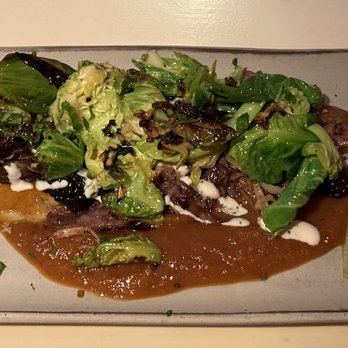 Joseph's Culinary Pub - Crispy Lamb on Sun Choke Puree with Brussel sprout leaves - New American Near Me - Santa Fe, New Mexico
