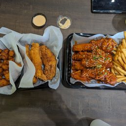 Cauliflower, chicken tenders, chicken wings, fries