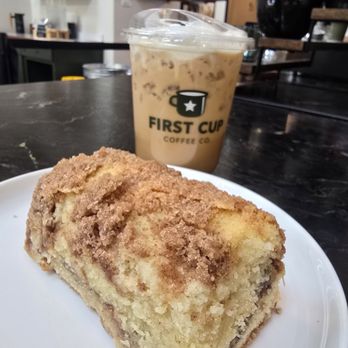 First Cup Coffee - Moist coffee cake served on an actual plate. - Coffee & Tea Near Me - Spring, Texas