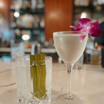 Bodega - club bodega (havana club rum, pandan, lemon) //  "the girl with the Kiku tattoo" (Roku rum, chrysanthemum). - Vietnamese Near Me - San Francisco, California