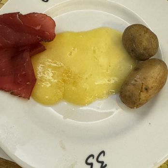 Le Caveau - My first plate of Raclette!  Sooo good! - Swiss Food Near Me - Verbier, VS