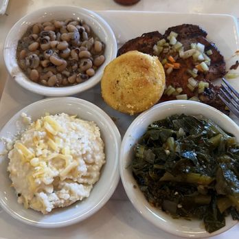 The Place - Grilled pork chop with collard greens and Black Eyed Peas and Gouda grits - Southern Near Me - Athens, Georgia