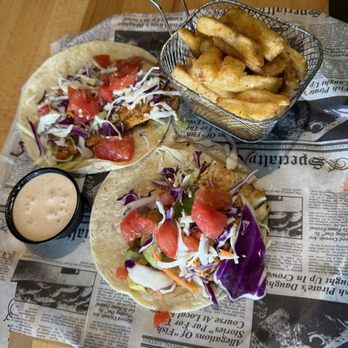 Twisted Lime - Mahi Mahi 2 Tacos with garlic parm fries - Bars Near Me - Vero Beach, Florida