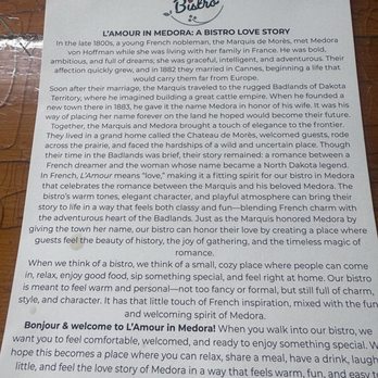 L'Amour Bistro - A beautiful story to learn about on every table . - American Near Me - Medora, North Dakota L'Amour Bistro - A beautiful story to learn about on every table . - American Near Me - Medora, North Dakota