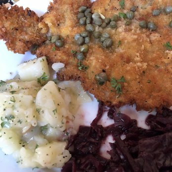 Cafe Rustika - Veal schnitzel with capers, kartoffelsalat mit speck (German style potato salad), blaukraut - German Near Me - Richmond, Virginia Cafe Rustika - Veal schnitzel with capers, kartoffelsalat mit speck (German style potato salad), blaukraut - German Near Me - Richmond, Virginia
