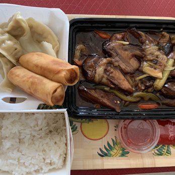 Dim Sum Cafe - Veggie egg rolls w/ duck sauce, white rice, steamed chicken dumplings, spicy eggplant. - Dim Sum Near Me - Mesa, Arizona