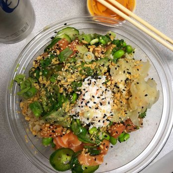 Pokeworks - BYO bowl - salmon, jalapeño, edamame, green onion, cilantro, cucumber, surimi salad, ginger, sesame seeds; ponzu fresh w/sriracha aioli. - Poke Near Me - Houston, Texas Pokeworks - BYO bowl - salmon, jalapeño, edamame, green onion, cilantro, cucumber, surimi salad, ginger, sesame seeds; ponzu fresh w/sriracha aioli. - Poke Near Me - Houston, Texas