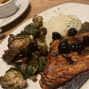 Bonefish Grill - New Old Fashioned Cedar Plank Salmon, New Kung Pao Brussels Sprouts, & mashed Garlic Whipped Potatoesmashed - Seafood Near Me - Orland Park, Illinois Bonefish Grill - New Old Fashioned Cedar Plank Salmon, New Kung Pao Brussels Sprouts, & mashed Garlic Whipped Potatoesmashed - Seafood Near Me - Orland Park, Illinois