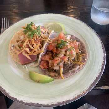 Tasting Kauai - Ahi taco on homemade flour tortilla and Kauai grass fed beef taco on homemade Ube (purple sweet potato) tortilla. - Food Tours Near Me - Lihue, Hawaii