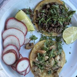 Chicken and beef tacos, radishes w/lemon