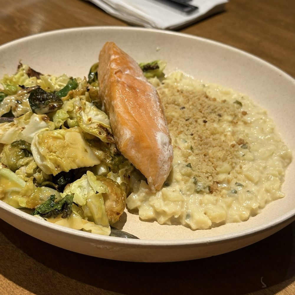 Flower Child - Salmon, Roasted Brussels Sprouts, Smashed Gold Potato - New American Near Me - Houston, Texas Flower Child - Salmon, Roasted Brussels Sprouts, Smashed Gold Potato - New American Near Me - Houston, Texas