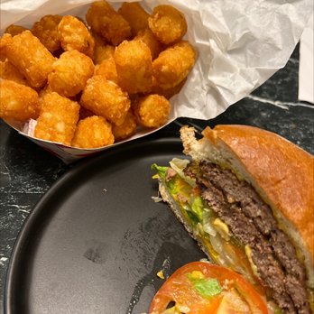 Hunky's - Double-Double Meat & Cheese Burger, large Tater Tots - Burgers Near Me - Dallas, Texas Hunky's - Double-Double Meat & Cheese Burger, large Tater Tots - Burgers Near Me - Dallas, Texas