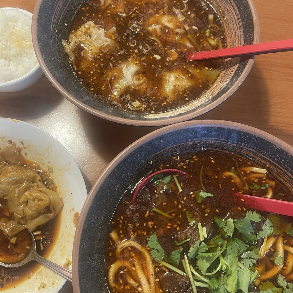 Top: spicy wonton soup Bottom right: beef udon soup Bottom left: wonton with garlic sauce Top: spicy wonton soup Bottom right: beef udon soup Bottom left: wonton with garlic sauce