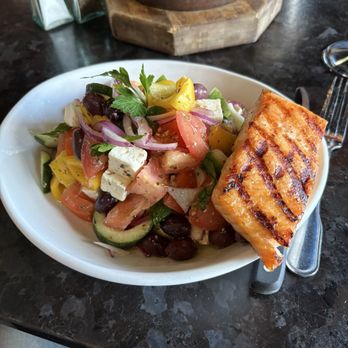 Redstone American Grill - Greek salad special with grilled salmon - Steakhouses Near Me - Burlington, Massachusetts Redstone American Grill - Greek salad special with grilled salmon - Steakhouses Near Me - Burlington, Massachusetts