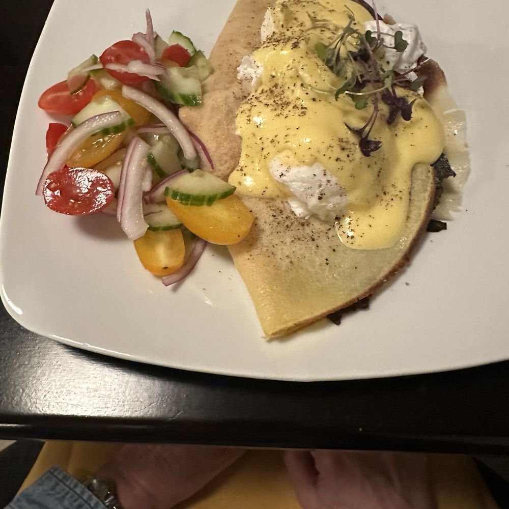 Restaurant Anise - Ham and cheese crepes with poached egg and hollandaise sauce - New American Near Me - Granbury, Texas