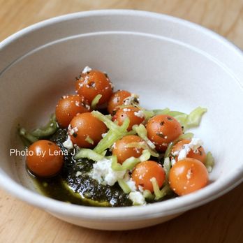 Elements - Sungold tomatoes with feta and pine nut pesto (from weekly takeout menu) - New American Near Me - Princeton, New Jersey