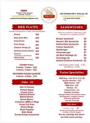 Menu photo 1 Southern Fusion BBQ Barn Chesnee, SC Menu photo 1 Southern Fusion BBQ Barn Chesnee, SC